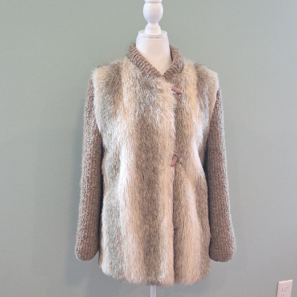 D'Esprit By Dubrowsky & Perlbinder Faux Fur Jacket Tan/Brown Size Large Vintage